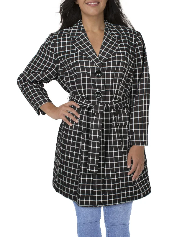 Plus Womens Window Pane Polyester Double-Breasted Blazer