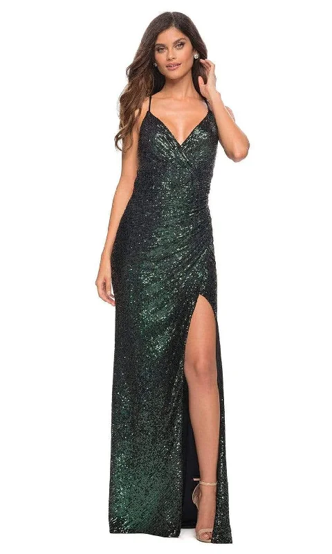 La Femme - 30374 Sequined Column V Neck Gown