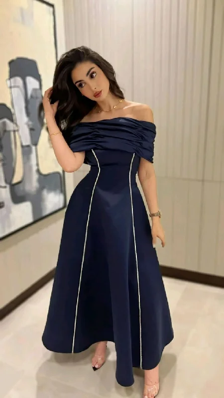 Dark Navy Off Shoulder A-Line Long Formal Party Dress Evening Gown, DP3484