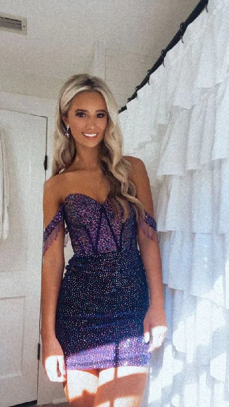 Dark Purple Off Shoulder Beading Short Party Dress Homecoming Dress, DP3427