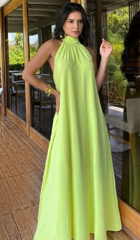 Green Halter A-Line Long Party Dress Unique Wedding Guest Dress, DP3464