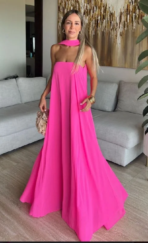 Hot Pink Strapless A-Line Long Party Dress Occasion Dress, DP3453